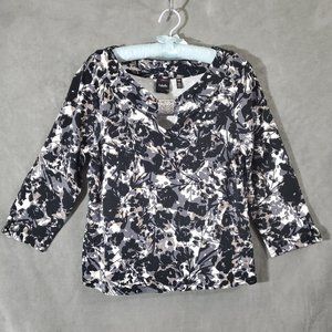 Rafaella 3/4 Sleeve 100% Cotton Floral Blouse w/Keyhole Black/Gray/White…